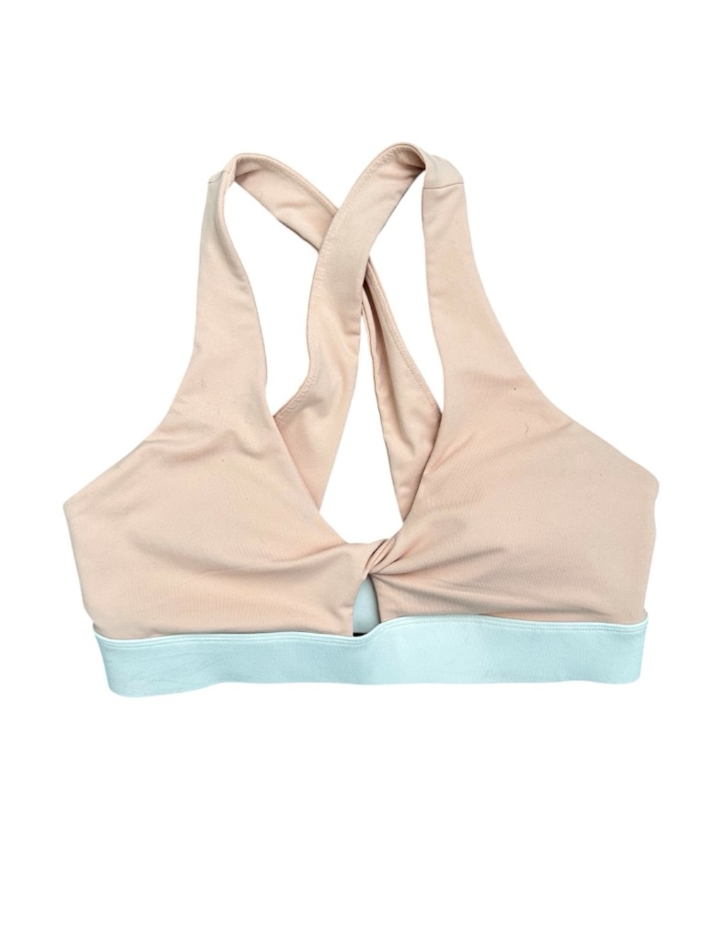 Fabletics Twist Front Sports Bra Medium Blush Pink Blue Racerback Workout Yoga